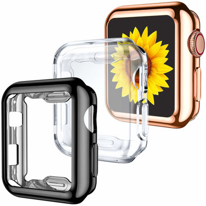 Picture of GEAK 3 Pack Compatible with Apple Watch Case 38mm, Soft HD High Sensitivity Screen Protector with TPU All Around Anti-Fall Bumper Protective Case for iWatch Series 3/2/1 38mm Black/Clear/Rose Gold