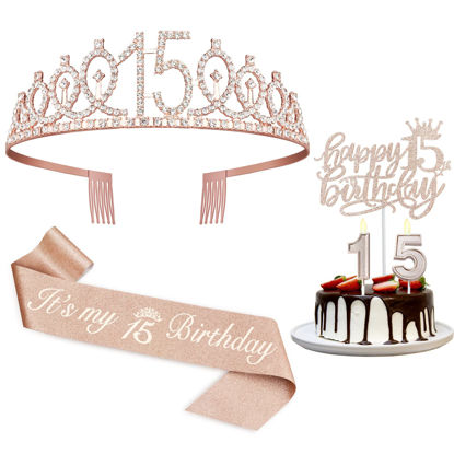 Picture of 15th Birthday Decorations for Girls,15th Birthday Sash,Crown/Tiara,Candles,Cake Toppers.15th Birthday Gifts for Girls,15 Birthday Decorations for Girls,15 Birthday Party Decorations