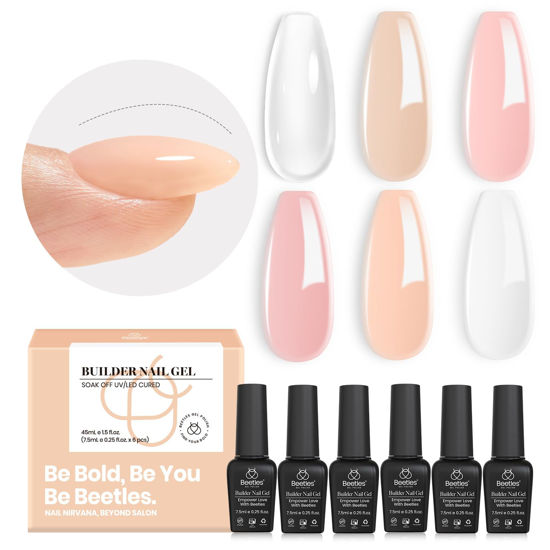 Picture of Beetles Gel Nail Polish 6 Colors Builder Nail Gel 5 in 1 Strengthener Gel Clear Builder Nude Pink Milkly Hard Gel Extension Base Nail Gel Rhinestone False Nail Tips Glue for Nail Art Design Women Gift