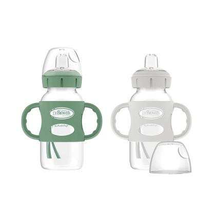 Picture of Dr. Brown’s® Milestones™ Wide-Neck Sippy Bottle with 100% Silicone Handles, Easy-Grip Bottle with Soft Sippy Spout, 9oz/270mL, BPA Free, Green & Gray, 2 Pack, 6m+