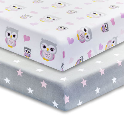 Picture of 2 Pack Fitted Crib Sheets for Girls in 100% Jersey Knit Cotton - Girl’s Crib Mattress Sheets with a Nature Theme of Owls with Purple and Pink Hearts and a Gray Sheet with Pink Hearts by Everyday Kids