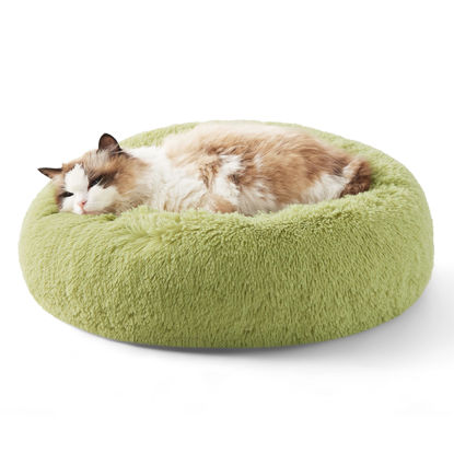 Picture of Bedsure Calming Cat Bed for Indoor Cats - Small Washable Round Cat Bed, Anti Anxiety Fluffy Plush Faux Fur Pet Bed, Fits up to 15 lbs Pets, Green, 20 inches