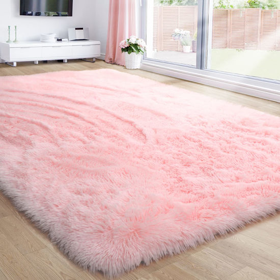 GetUSCart Pink Area Rug for Girls Bedroom Fluffy Shag 4 X6 Living Room Furry Carpet Kids Room Shaggy Throw Nursery Room Fuzzy Plush Dorm Pink Carpet Cute Room Decor Baby
