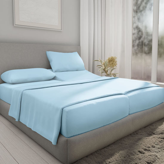 Picture of Split King Sheets for Adjustable Bed, Soft 100% Cotton Sheets, 400 Thread Count Sateen, 5 Pc Set With 2 Twin-XL Fitted Sheets, Deep Pocket Sheets,Cooling Sheets,Beats Egyptian Cotton Claims (Sky Blue)