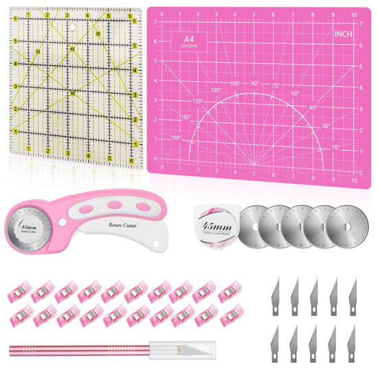 Picture of 39 Pcs Rotary Cutter Set Pink - Quilting Kit incl. 45mm Fabric Cutter with 5 Extra Blades, A4 Cutting Mat, Craft Knife Set, Quilting Ruler and Sewing Clips, Ideal for Crafting, Sewing, Patchworking