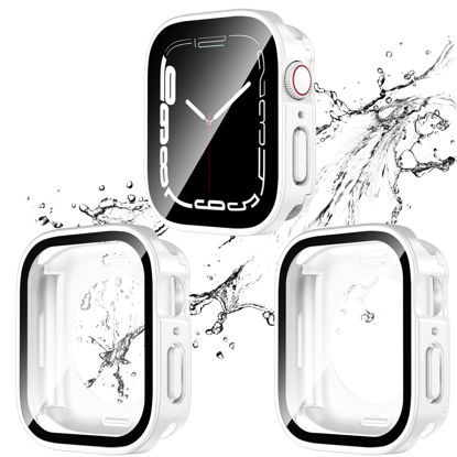 Picture of 2 Pack 2 in 1 Waterproof Case for Apple Watch Series SE SE2 6 5 4 40mm, Straight Edge PC Front & Back Bumper with Tempered Glass Screen Protector 360 Protective Cover for iWatch (40mm, White/White)