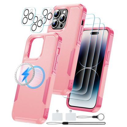 Picture of MOZOTER [6in1 Magnetic Case for iPhone 14 Pro Max Case,[12 FT Shockproof Compatible with Magsafe][3 Pcs Glass Screen Protector+3 Pcs Camera Lens Protector] [Heavy Duty] Phone Case Cover 6.7''-Pink