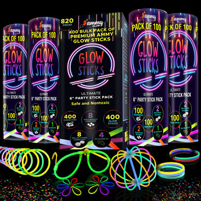 Picture of 400 Glow Sticks Bulk Ultra Bright Glow Party Pack 8 inch with Connectors, Glow Sticks Party Supplies Emergency Light Sticks Neon Glow Bracelets Necklaces for Kids -Camping Accessories