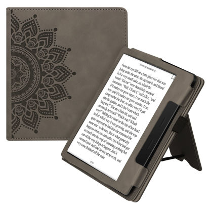 Picture of kwmobile Case Compatible with Amazon Kindle Oasis 10. Generation - Synthetic Nubuck Leather Cover with Magnetic Closure, Kickstand, Hand Strap, Card Slot - Rising Sun Grey