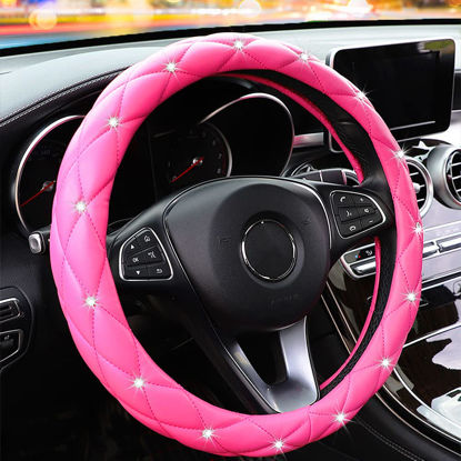 Picture of YOGURTCK Cute Diamond Soft Leather Anti-Slip Steering Wheel Cover with Bling Bling Crystal Rhinestones, Universal 15 Inch for Women Girls, Fit Vehicles, Sedans, SUVs, Vans, Trucks - Hot Pink