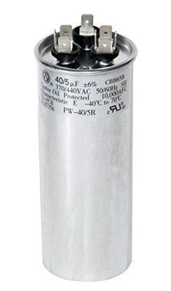 Picture of PowerWell 40 + 5 MFD uf 370 VAC or 440 Volt Dual Run Round Capacitor PW-40/5/R for Condenser Straight Cool or Heat Pump Air Conditioner 40/5 Micro Farad