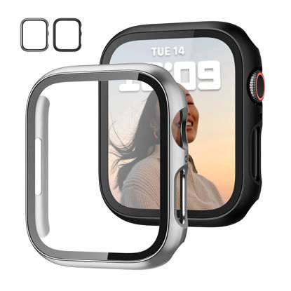 Picture of 2 Pack Case with Tempered Glass Screen Protector for Apple Watch Series 8 Series 7 45mm,JZK Slim Guard Bumper Full Hard PC Protective Cover HD Thin Cover for iWatch 8/7 45mm Accessories,Black+Silver