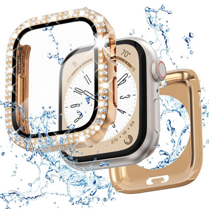 Picture of 2 in 1 Bling Waterproof Case for iWatch Series SE 6 5 4 40mm, 360 Protective PC Cover Front & Back Case with Tempered Glass Screen Protector, Double Rows Diamond Watch Case for Women, 40mm/Rose Gold