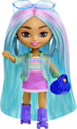 Picture of Barbie Extra Mini Minis Doll with Blue Hair, Sporty Outfit, Roller Skates & Accessories & Stand, 3.25-Inch