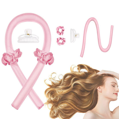 Picture of Heatless Curling Rod Headband, Heatless Curler No Heat Curls Ribbon with Hair Clips and Scrunchie, Sleeping Curls Silk Ribbon Hair Rollers (Pink)