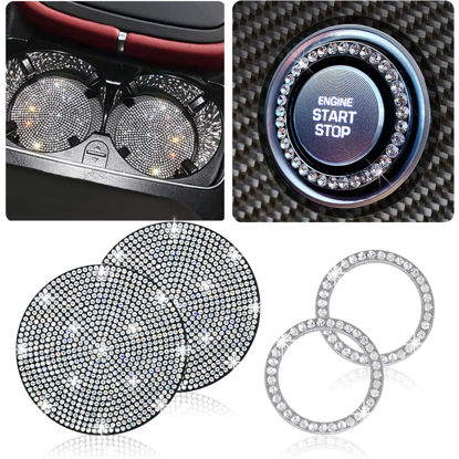 Picture of 2pcs Bling Car Cup Holder Coasters & 2pcs Push Start Button, 2.75 inch Anti-Slip Shockproof Universal Vehicle Coasters Insert, Bling Car Interior Accessories for Women Suits for Most Cars (White)