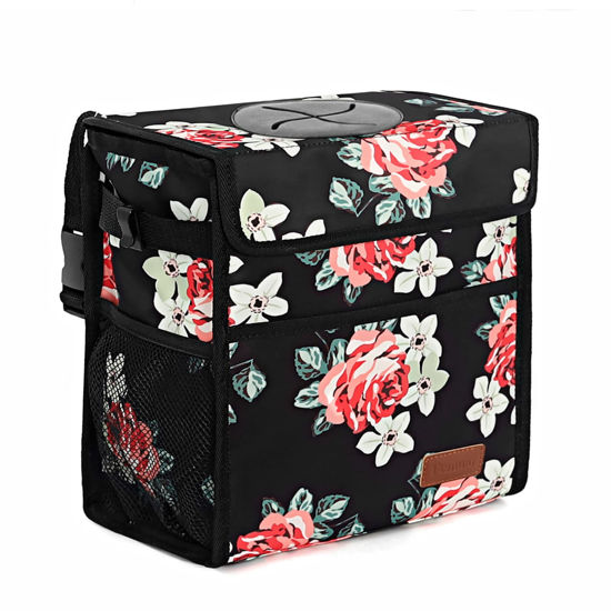 Picture of Car Trash Can Leak Proof Car Trash Bag Waterproof Car Garbage Can with Lid for SUV Front Seat Multipurpose Car Hanging for Headrest Collapsible and Portable with Storage Mesh Pocket, Large/ Flower, 3 Gallons