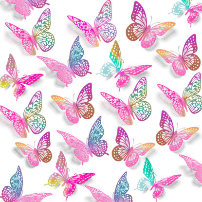Picture of 3D Butterfly Wall Stickers, 72 Pcs 3 Styles 3 Sizes, Removable Metallic Wall Sticker Room Mural Decals Decoration for Kids Bedroom Nursery Classroom Party Wedding Decor DIY Gift (Laser Pinkpurple)