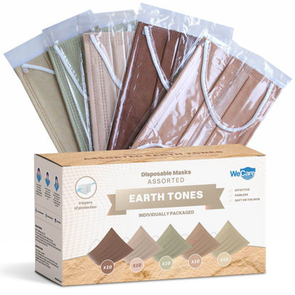 Picture of WECARE Disposable Face Mask Individually Wrapped - 50 Pack, Assorted Earth Tone Print Masks - 3 Ply