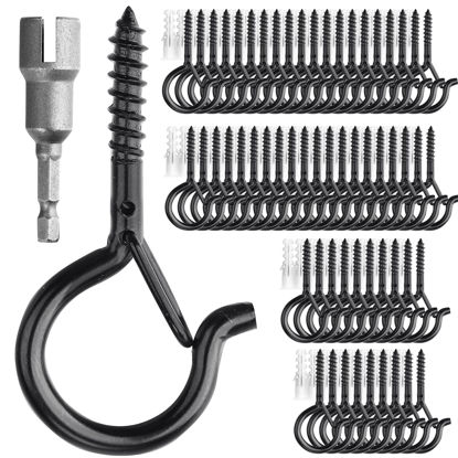 Picture of PlusRoc 60 Pack Outdoor Lighting Hooks for Hanging, Q-Hanger Hooks for String Lights, 2.2 Inch Black Cup Hook Screw in Hooks Outside Patio Light Hooks, Wall Wood Ceiling Mount
