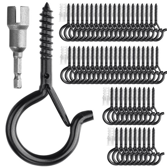Picture of PlusRoc 60 Pack Outdoor Lighting Hooks for Hanging, Q-Hanger Hooks for String Lights, 2.2 Inch Black Cup Hook Screw in Hooks Outside Patio Light Hooks, Wall Wood Ceiling Mount