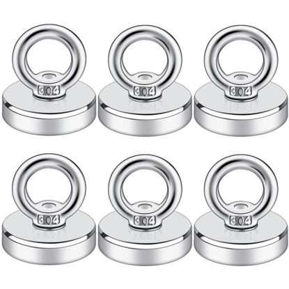 Picture of DIYMAG Magnetic Hooks, 60 lbs(27 KG) Pulling Force Rare Earth Magnetic Hooks with Countersunk Hole Eyebolt for Workplace, Home, Kitchen, Fishing, Office and Garage, Pack of 6, Silver, DIY-NJ25-6P