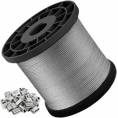 Picture of Wire Rope, 1/16 Wire Rope, 304 Stainless Steel Cable, Aircraft Cable, Steel Wire, 800FT with 250Pcs Crimping Sleeves, Clothes Line Wires, Trellis Wire, 7x7 368lbs Breaking Strength