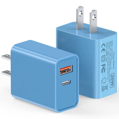 Picture of [20W/2Pack] Charger Block, USB C Wall Charger, iPhone 14 Charger Block, Dual Port Fast Charging Block Brick Compatible for Watch Series 8 7 iPhone 14 13 Pro Max Airpod Brick Plug Power Adapter, Blue