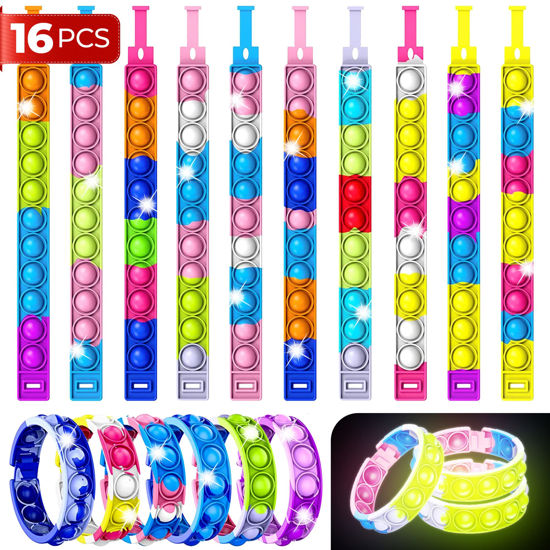 Picture of 16 PCS Bracelets Glow in The Dark Pop it Fidget Toy, Rainbow Party Favors, Anti-Anxiety Stress Relief Wristband Set, Push Bubbles Sensory Autistic Pack Kids Ages 5 8 12 Adult Student Gift