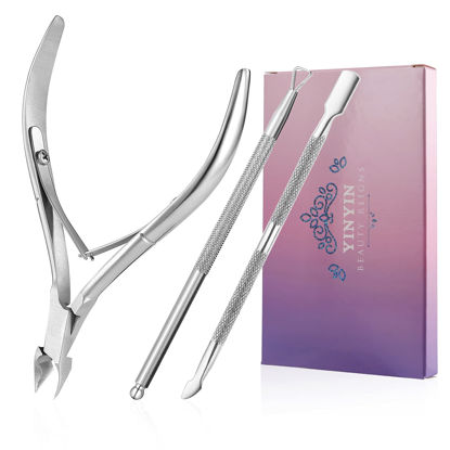 Picture of Cuticle Trimmer with Cuticle Pusher -YINYIN Cuticle Remover Cuticle Nippers Professional Stainless Steel Cuticle Pusher and Cutter Clippers Durable Pedicure Manicure Tools for Fingernails and Toenails
