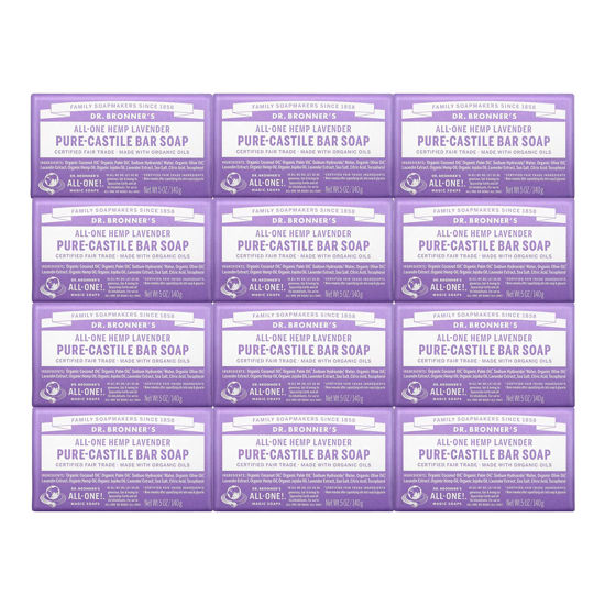 Picture of Dr. Bronner's - Pure-Castile Bar Soap (Lavender, 5 Ounce, 12-Pack) - Made with Organic Oils, For Face, Body & Hair, Gentle & Moisturizing, Biodegradable, Vegan, Cruelty-free, Non-GMO