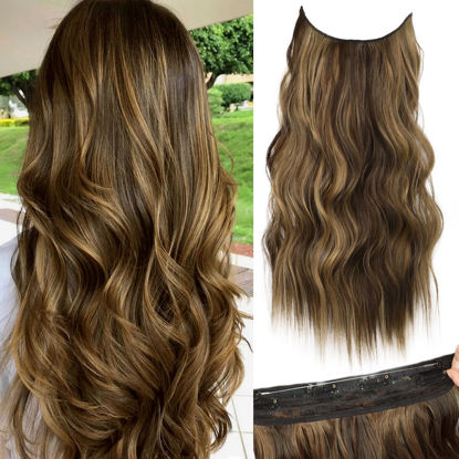 Picture of KooKaStyle Invisible Wire Hair Extensions with Transparent Headband Adjustable Size 4 Secure Clips Long Wavy Highlight Hairpiece 20 Inch Balayage Chocolate Brown to Caramel Blonde for Women