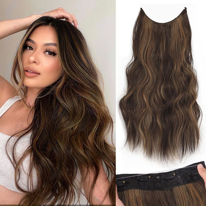 Picture of KooKaStyle Invisible Wire Hair Extensions with Transparent Headband Adjustable Size 4 Secure Clips Long Wavy Highlight Hairpiece 20 Inch Balayage Dark Brown to Chestnut for Women