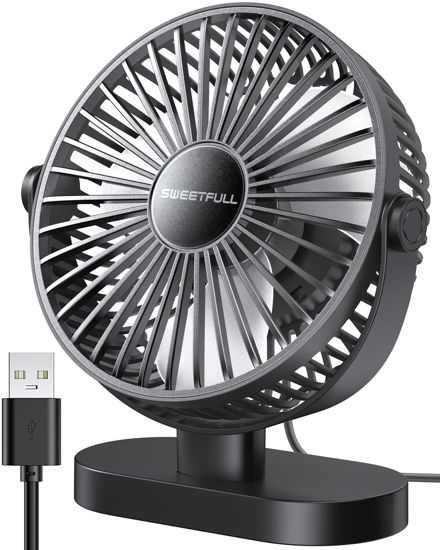 Picture of SWEETFULL Small USB Desk Fan, 3 Speeds Portable Personal Desktop Table Fan, Dual 360° Adjustment Mini Fan, Quiet Operation, for Home Office Car Outdoor Travel (all black)
