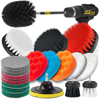 Picture of Holikme 22 Piece Drill Brush Attachments Set, Black Scrub Pads & Sponge, Power Scrubber Brush with Extend Long Attachment All Purpose Clean for Grout, Tiles, Sinks, Bathtub, Bathroom, Kitchen & Auto