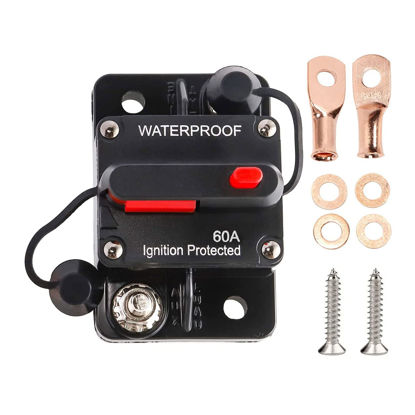 Picture of RED WOLF 60 Amp Circuit Breaker W/Ring Terminal 2 Gauge Connector Manual Reset Switch for Boat Trolling Motor Marine ATV Trailer Vehicles Stereo Audio Electronic Battery Solar System Inline Fuse