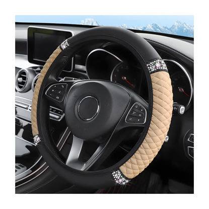 Picture of Bling Soft Leather Steering Wheel Cover, 15 Inch Colorful Rhinestones Auto Elastic Steering Wheel Protector, Sparkly Crystal Diamond for Women Girls, Car Interior Accessories (Beige)