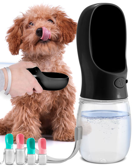 Picture of MalsiPree Dog Water Bottle, Leak Proof Portable Puppy Water Dispenser with Drinking Feeder for Pets Outdoor Walking, Hiking, Travel (12OZ, Black)