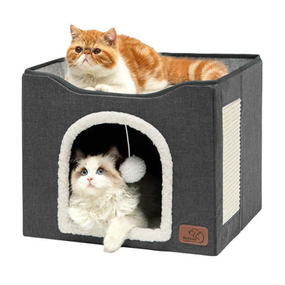 Picture of Bedsure Cat Beds for Indoor Cats - Large Cat Cave for Pet Cat House with Fluffy Ball Hanging and Scratch Pad, Foldable Cat Hideaway,16.5x16.5x13 inches, Dark Grey