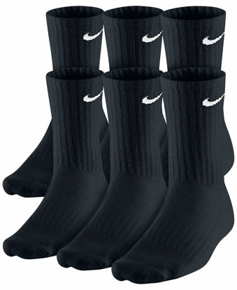 Picture of NIKE Dri-Fit Training Cotton Cushioned Crew Socks 6 PAIR Black with White Signature Swoosh Logo) LARGE 8-12