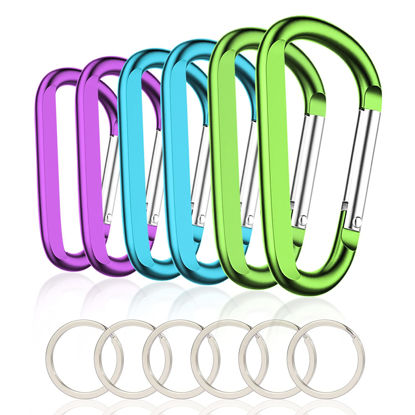 Picture of 6PCS Carabiner Caribeaner Clip,3 Inch Large Aluminum D Ring Shape Carabeaner with 6PCS Keyring Keychain Hook