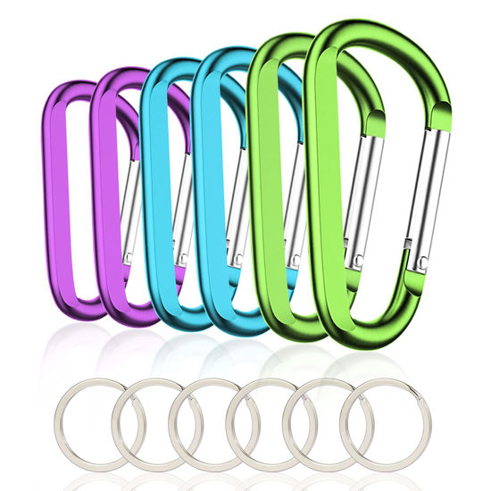 Picture of 6PCS Carabiner Caribeaner Clip,3 Inch Large Aluminum D Ring Shape Carabeaner with 6PCS Keyring Keychain Hook