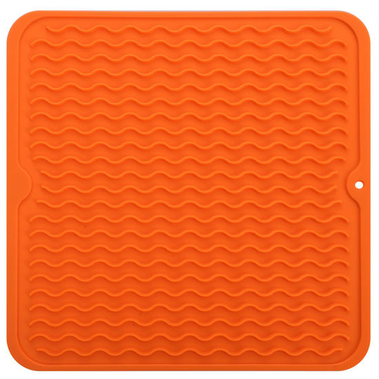 Picture of MicoYang Silicone Dish Drying Mat for Multiple Usage,Easy clean,Eco-friendly,Heat-resistant Silicone Mat for Kitchen Counter or Sink,Refrigerator or Drawer liner Orange M 12 inches x 12 inches