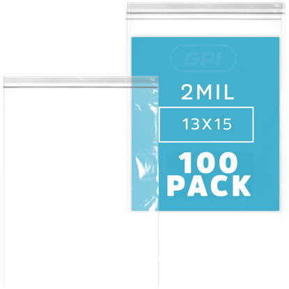 Picture of GPI PACK of 100, 2 Gallon, 13" x 15", CLEAR PLASTIC RECLOSABLE ZIP BAGS - Bulk 2 mil, Large, Strong & Durable Poly Baggies with Resealable Zip Top Lock for Travel, Storage, Packaging & Shipping.