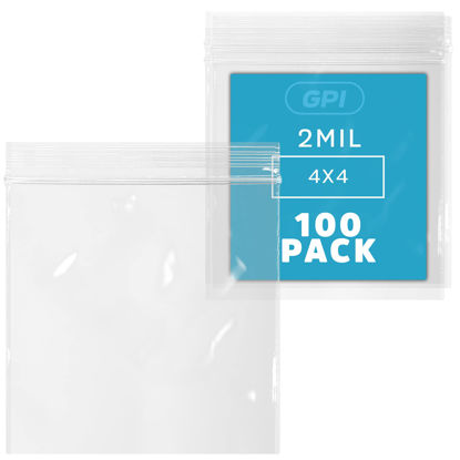 Picture of Clear Plastic RECLOSABLE Zip Bags - Bulk GPI Pack of 100 4" x 4" 2 mil Thick Strong & Durable Poly Baggies with Resealable Zip Top Lock for Travel, Storage, Packaging & Shipping.