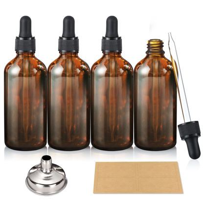 Picture of AOZITA 4 Pack, 100ml Dark Amber Dropper Bottles with 1 Funnels & 4 Labels - 3.4oz Brown Glass Tincture Bottles with Eye Droppers for Essential Oils, Liquids - Leakproof Travel Bottles