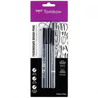 Picture of Tombow 62039 Fudenosuke Brush Pens, 3-Pack. Soft, Hard, and Twin Tip Markers for Calligraphy and Art Drawings