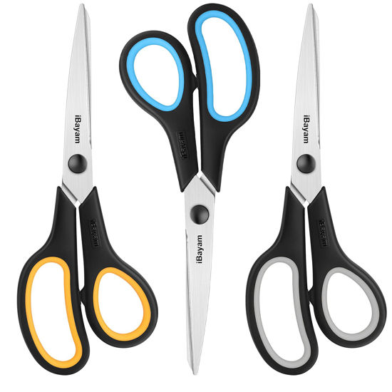 Picture of Scissors, iBayam 8" Multipurpose Scissors Bulk 3-Pack, Ultra Sharp Blade Shears, Comfort-Grip Handles, Sturdy Sharp Scissors for Office Home School Sewing Fabric Craft Supplies, Right/Left Hand
