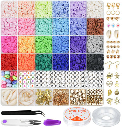 Picture of Gionlion 6000 Pcs Clay Beads for Bracelet Making, 24 Colors Flat Round Polymer Clay Beads 6mm Spacer Heishi Beads with Pendant Charms Kit and Elastic Strings for Jewelry Making Kit Bracelets Necklace