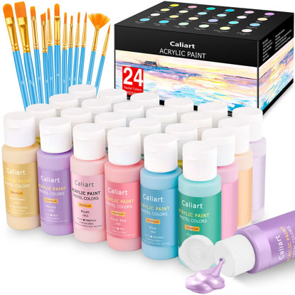 Picture of Caliart Pastel Acrylic Paint Set with 12 Brushes, 24 Pastel Colors (59ml, 2oz) Art Craft Paint for Artists Students Kids Beginners, Halloween Decorations Canvas Ceramic Wood Rock Painting Supplies Kit